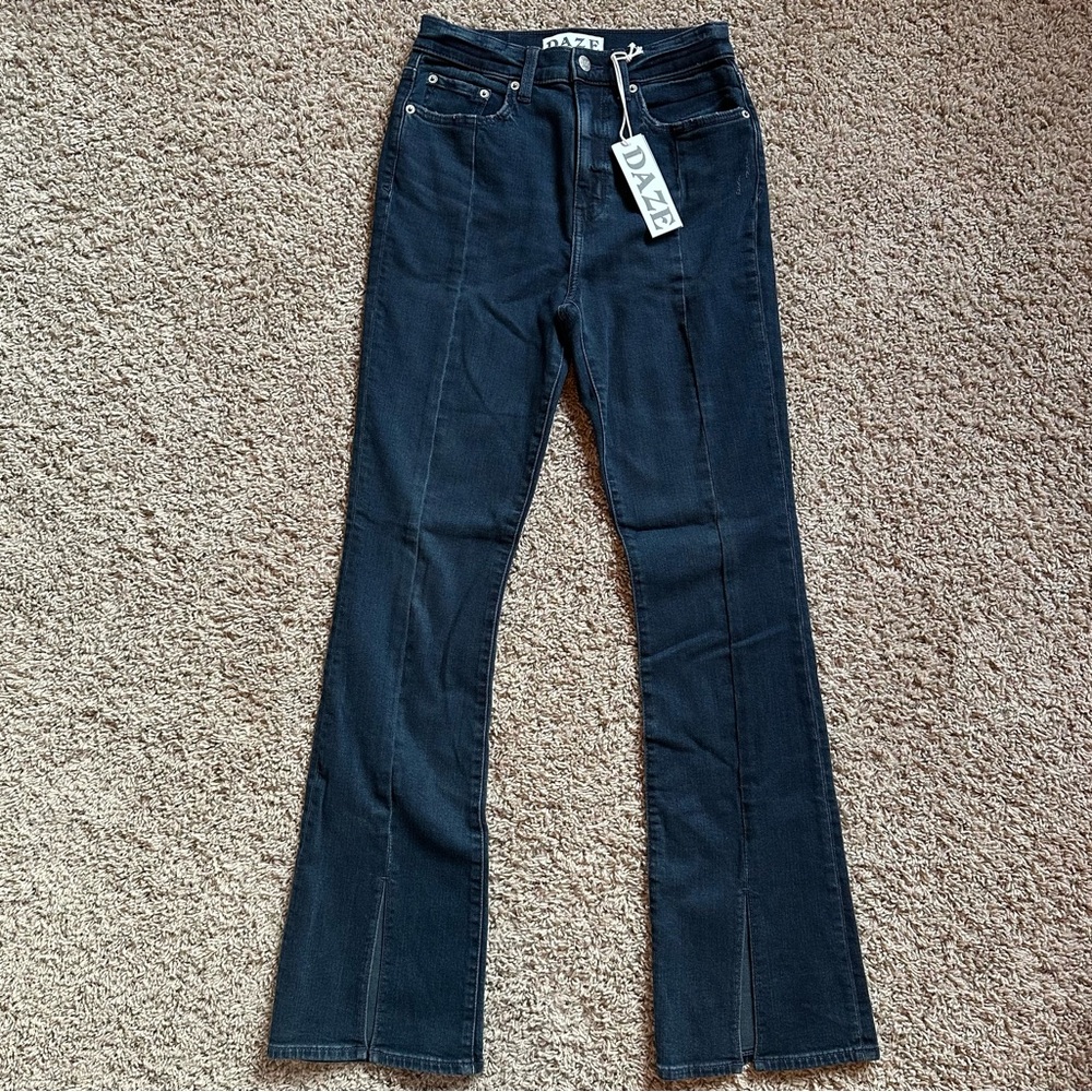 Daze Denim front slit high rise flare jeans